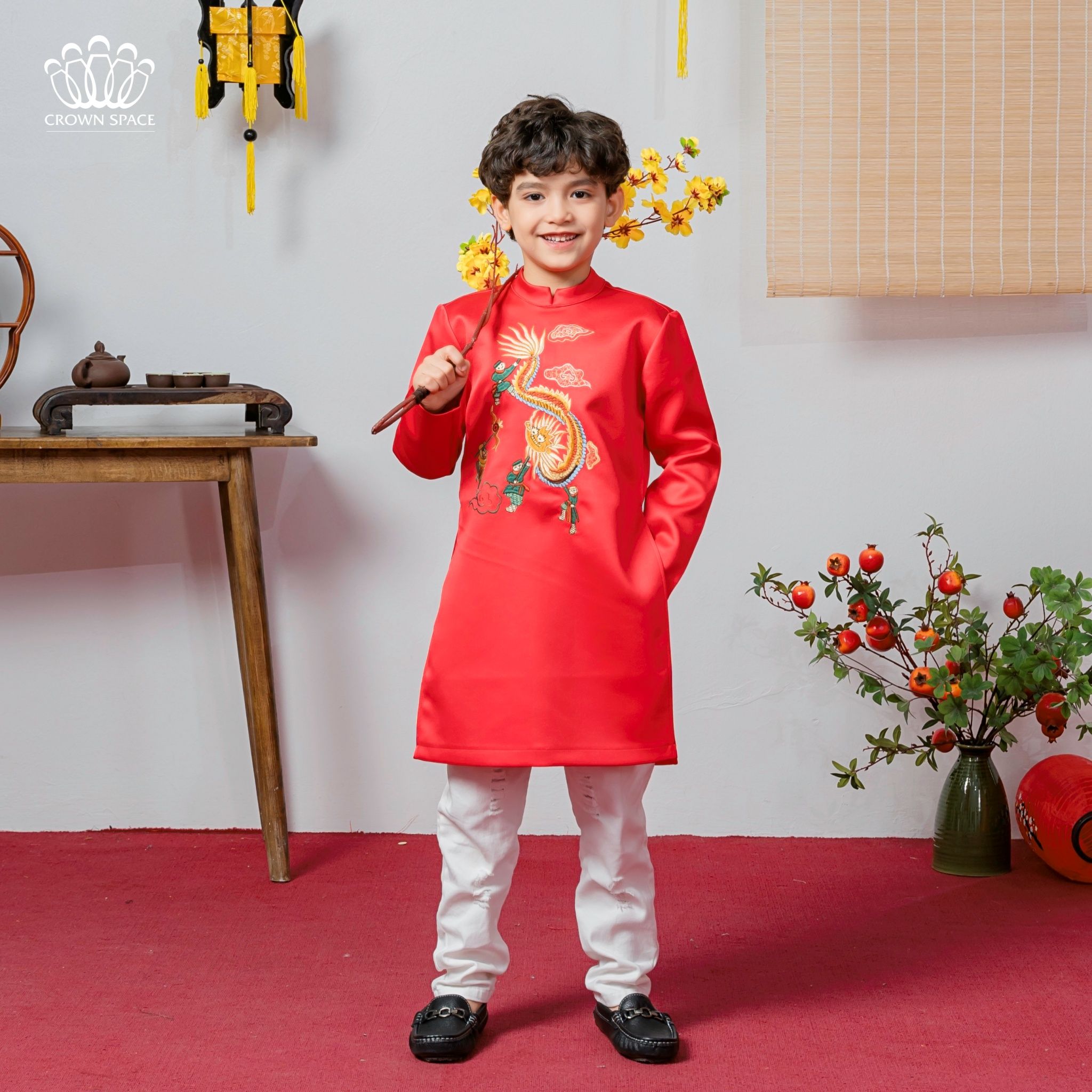  Áo Dài Gấm Dành Cho Bé Trai Crown Kids Cao Cấp CKBL9933112 Size 12 - 43Kg 