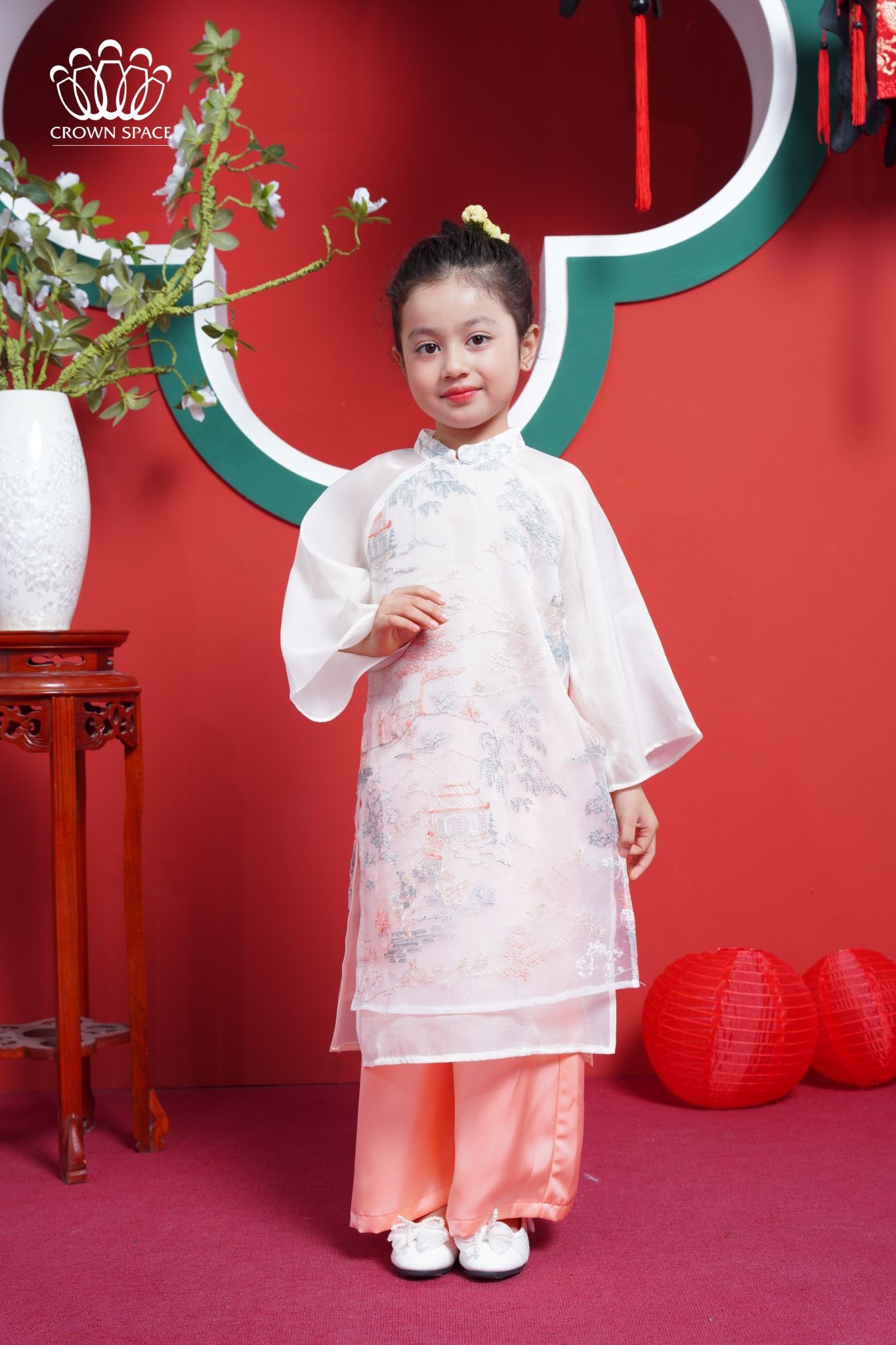 Áo Dài Voan Dành Cho Bé Gái Crown Kids Cao Cấp CKGL9933101 Size 14 - 25Kg