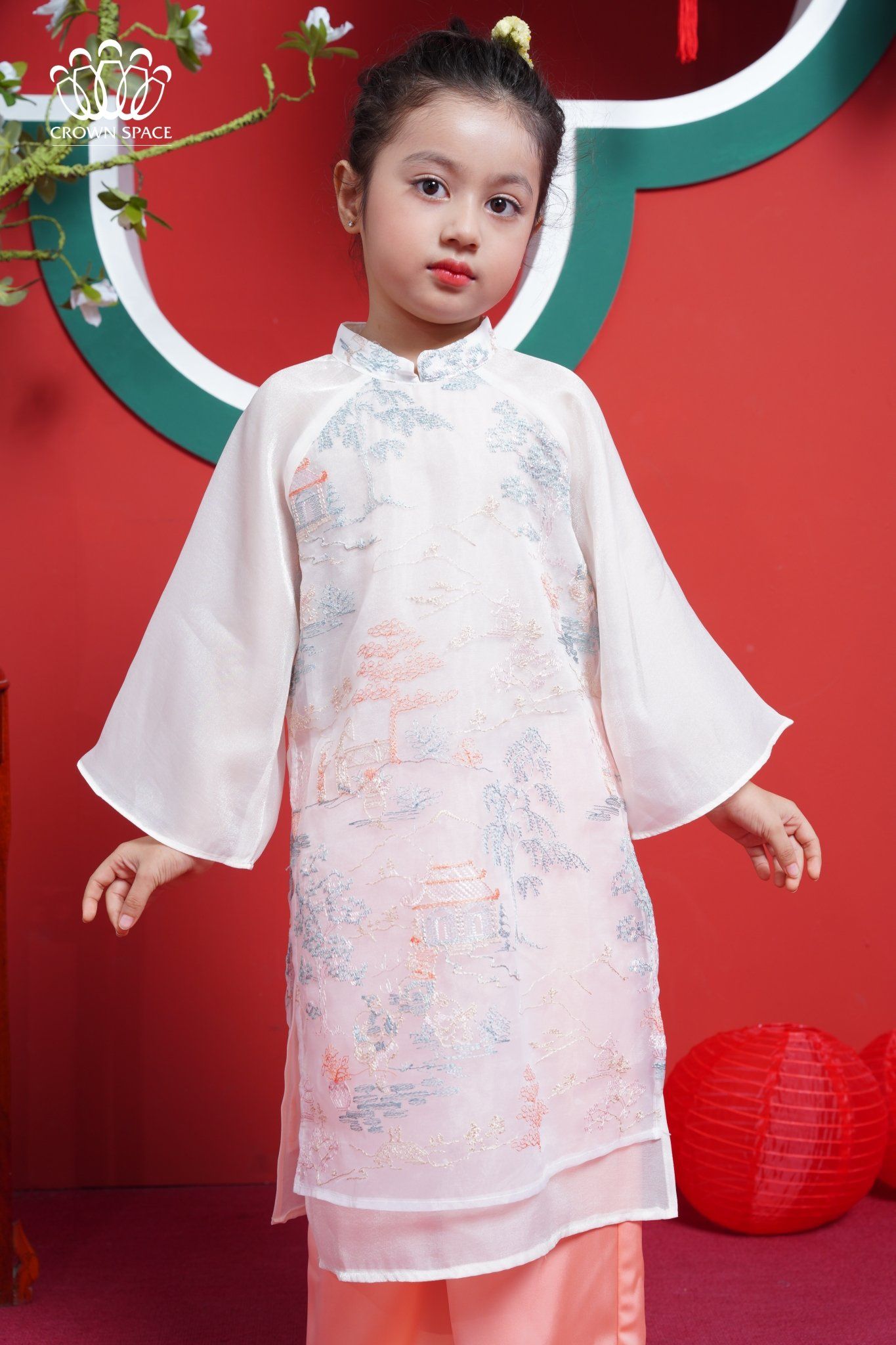  Áo Dài Voan Dành Cho Bé Gái Crown Kids Cao Cấp CKGL9933101 Size 14 - 25Kg 