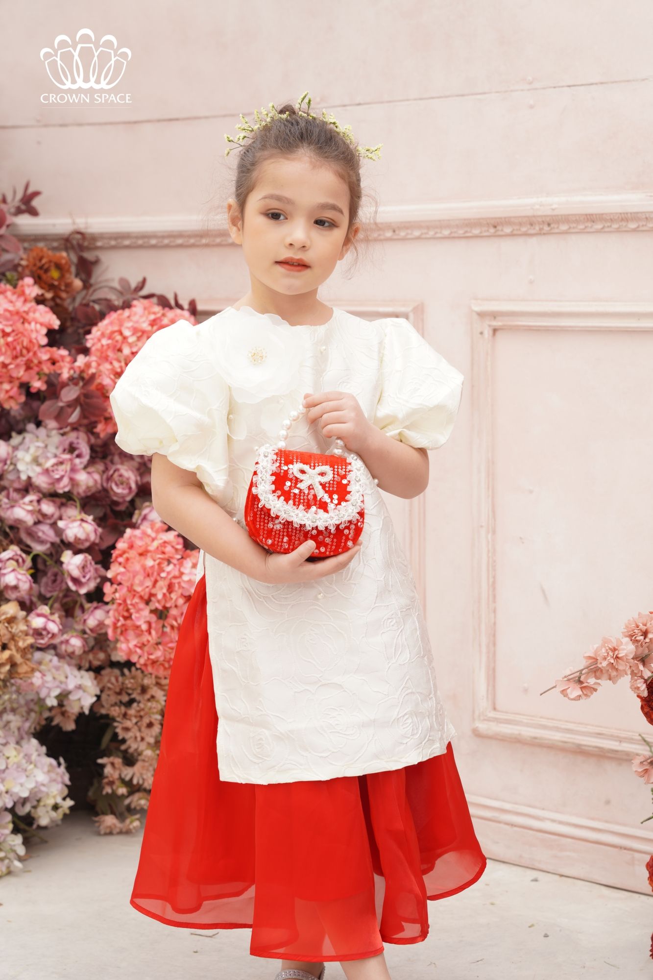  Áo Dài Dành Cho Bé Gái Crown Kids Cao Cấp CKGS9922901 Size 14 - 45Kg 