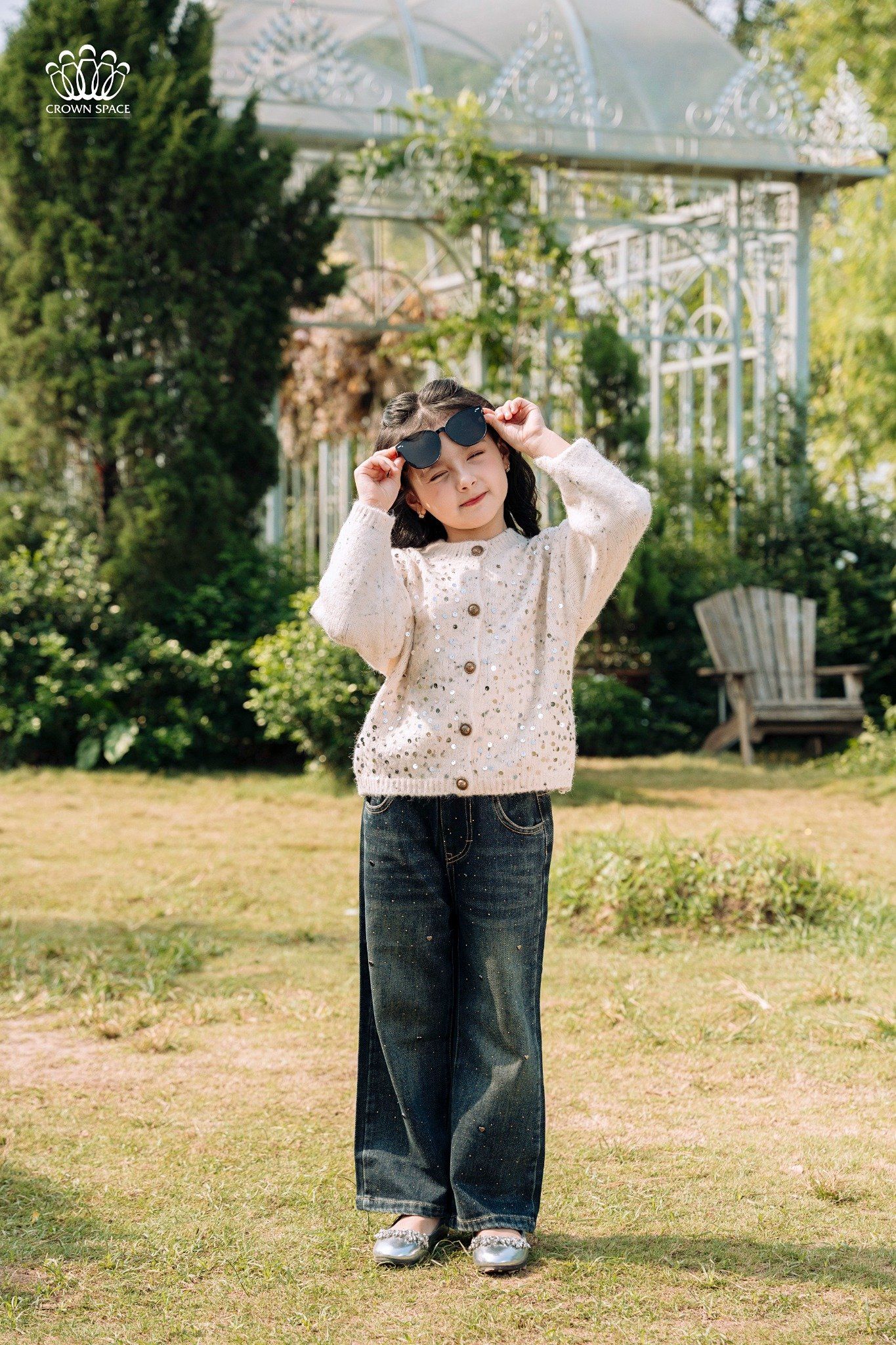 Áo Cardigan Len Bé Gái Cổ Tròn 2 Màu Hồng Be Lấp Lánh | Crown Space CKGL6441525
