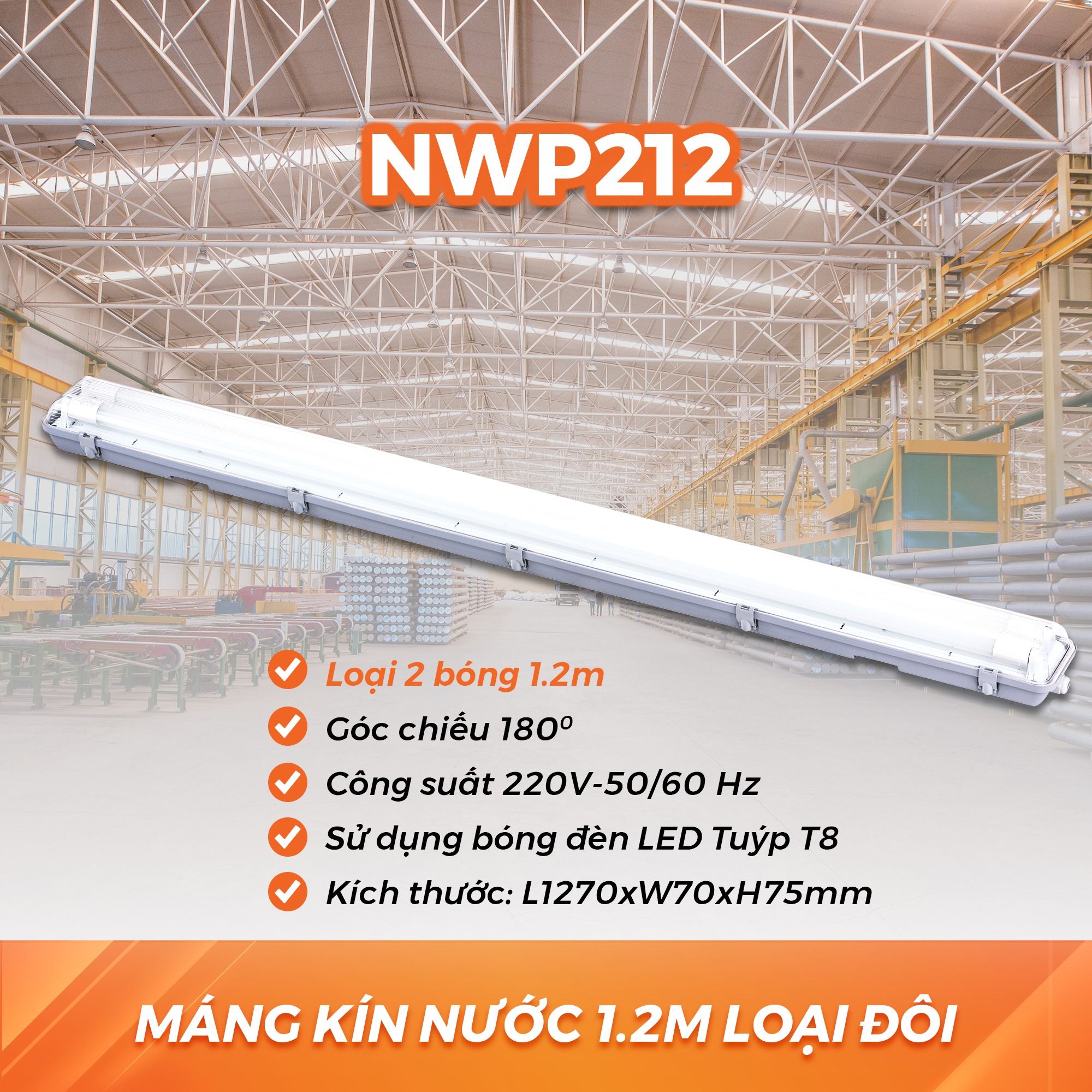  Máng Đèn LED Kín Nước Nanoco - Loại Đôi Dài 1.2m NWP212 