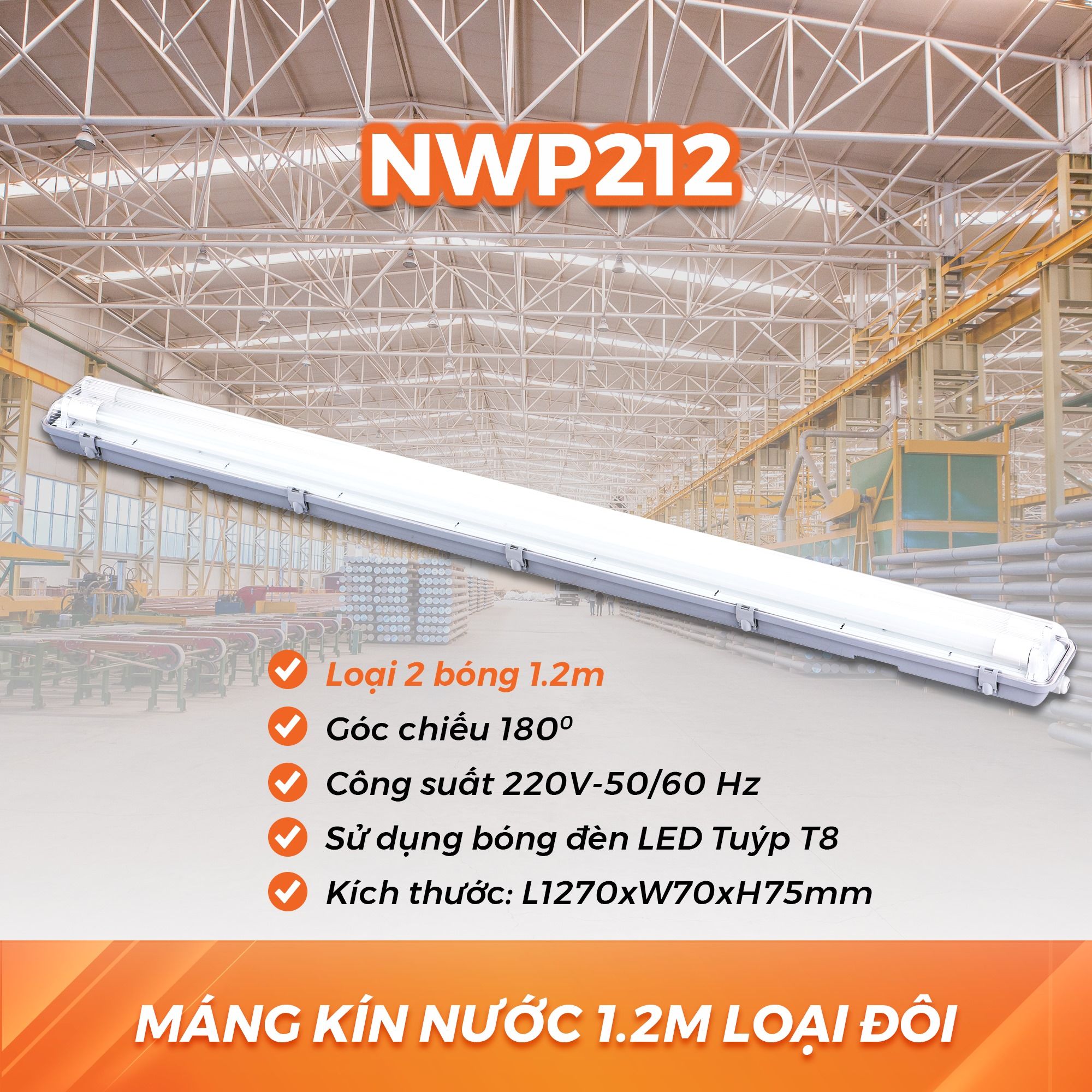 Máng Đèn LED Kín Nước Nanoco - Loại Đôi Dài 1.2m NWP212
