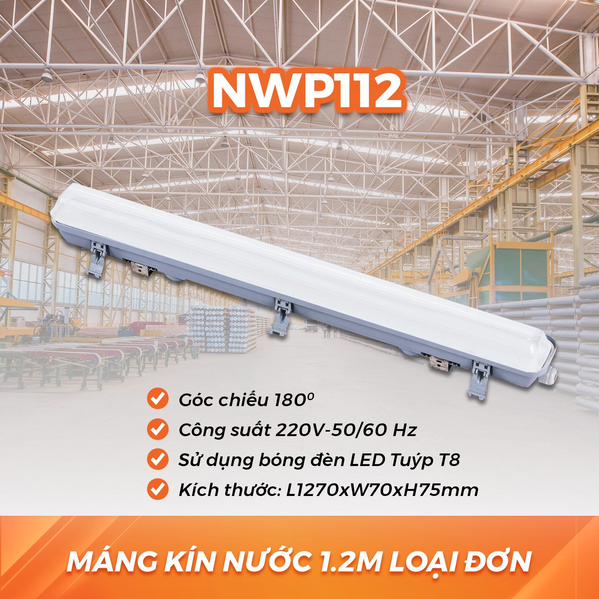  Máng Đèn LED Kín Nước Nanoco - Loại Đơn Dài 1.2m NWP112 