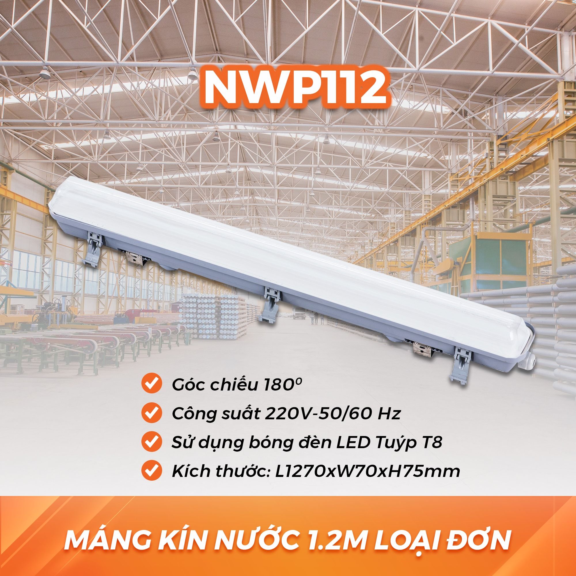 Máng Đèn LED Kín Nước Nanoco - Loại Đơn Dài 1.2m NWP112