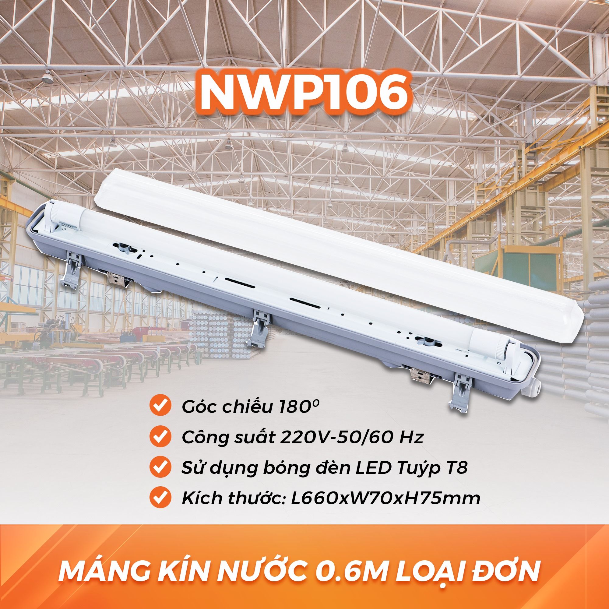 Máng Đèn LED Kín Nước Nanoco - Loại Đơn Dài 0.6m