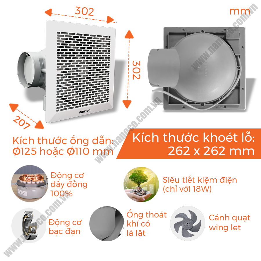 Quạt hút âm trần có ống dẫn Nanoco 18W NCV2020-C