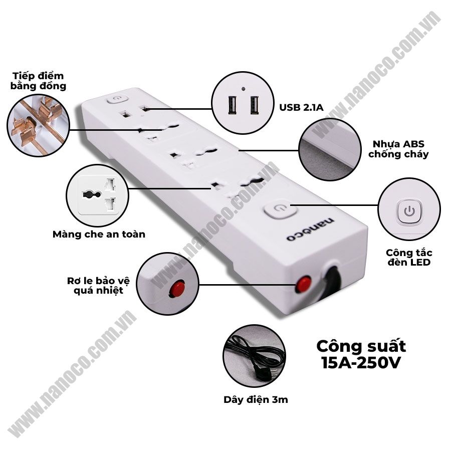 Ổ Cắm Có Dây Nanoco NES332U-3