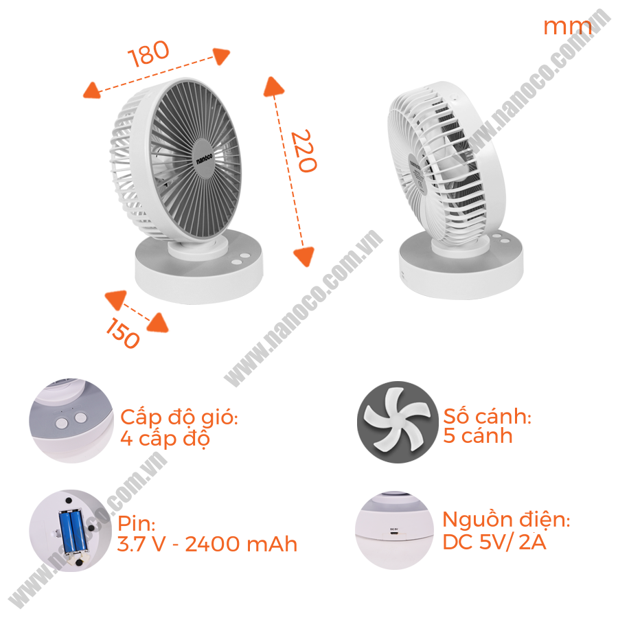  Quạt sạc điện Nanoco NRF6215W 