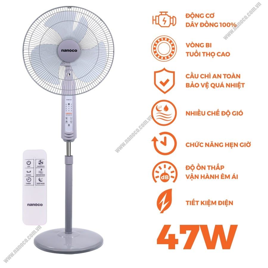  Quạt Đứng Có remote Nanoco NSF1602G-RC (Màu xám) 