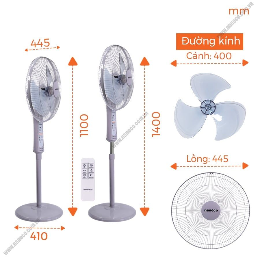  Quạt Đứng Có remote Nanoco NSF1602G-RC (Màu xám) 