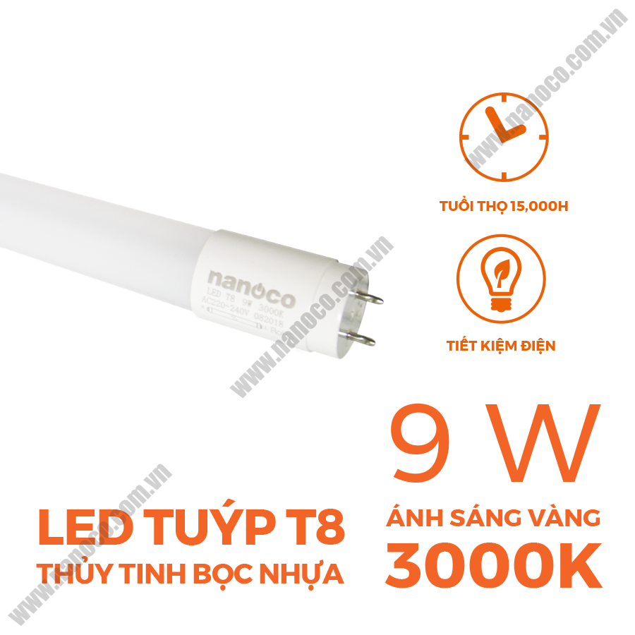 Bóng đèn LED tuýp T8 thủy tinh bọc nhựa Nanoco
