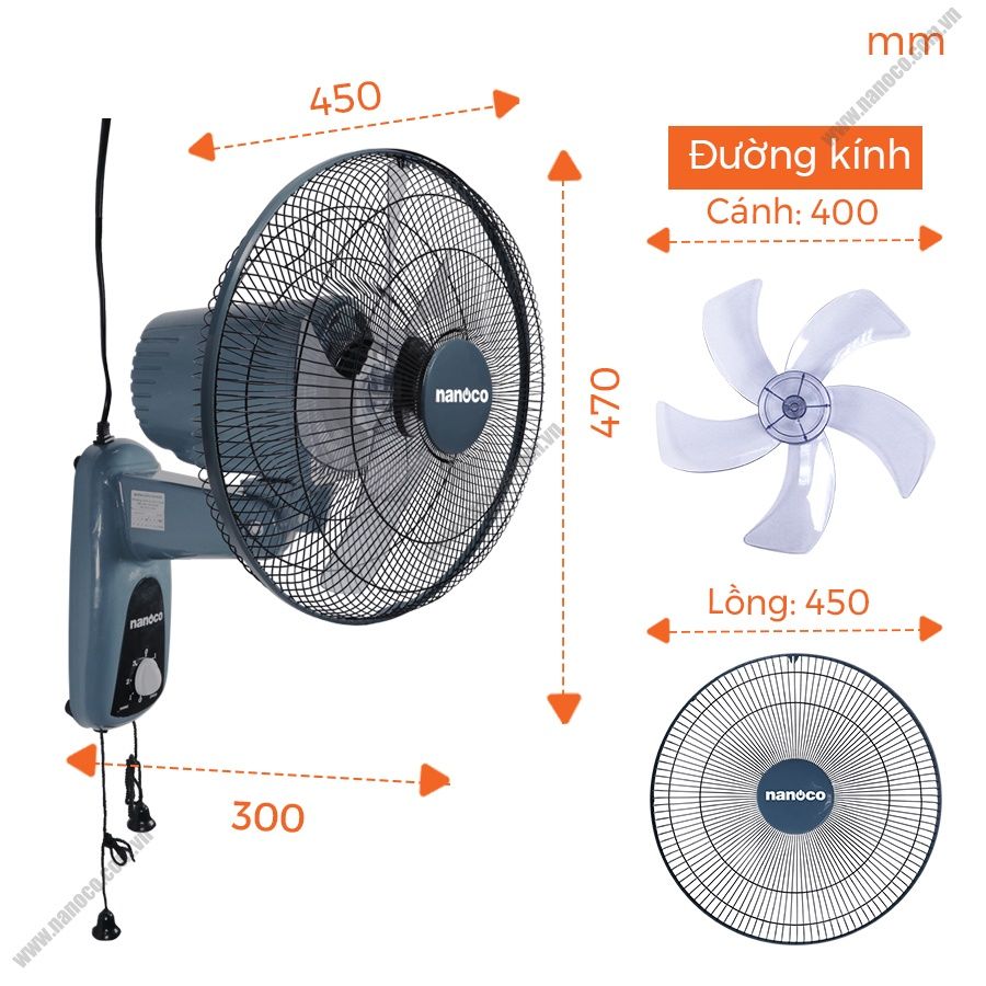 Quạt treo tường Nanoco NWF1604BL