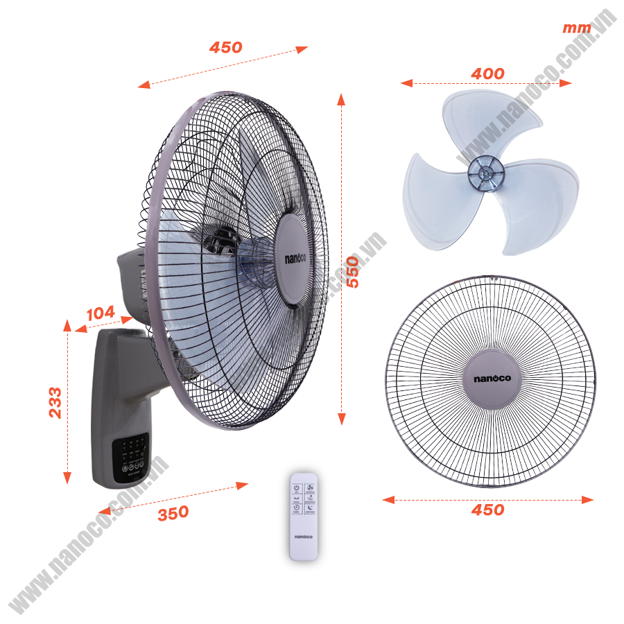 Quạt treo tường có remote Nanoco NWF1610RC-G