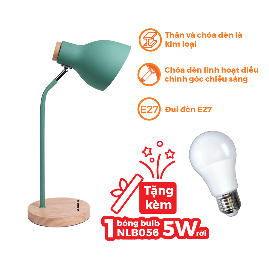 Đèn bàn E27 đế gỗ màu xanh NDKC03WG