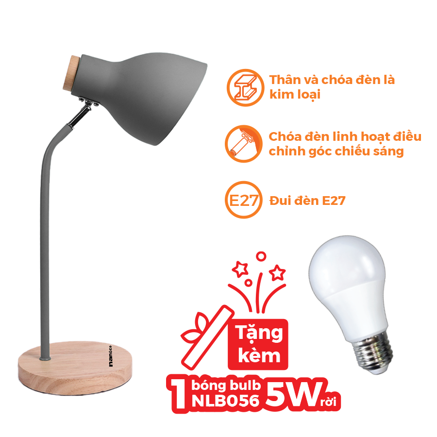  Đèn bàn E27 đế gỗ màu xám NDKC03WGY 