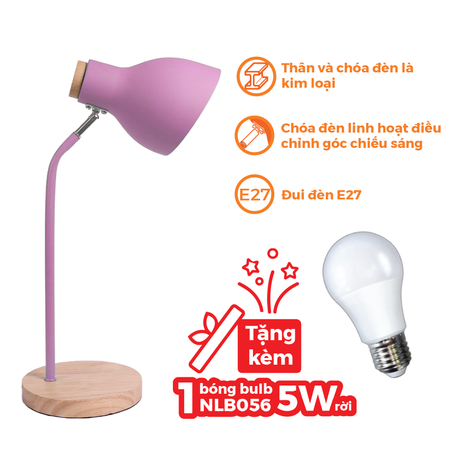 Đèn bàn E27 đế gỗ màu hồng NDKC03WP