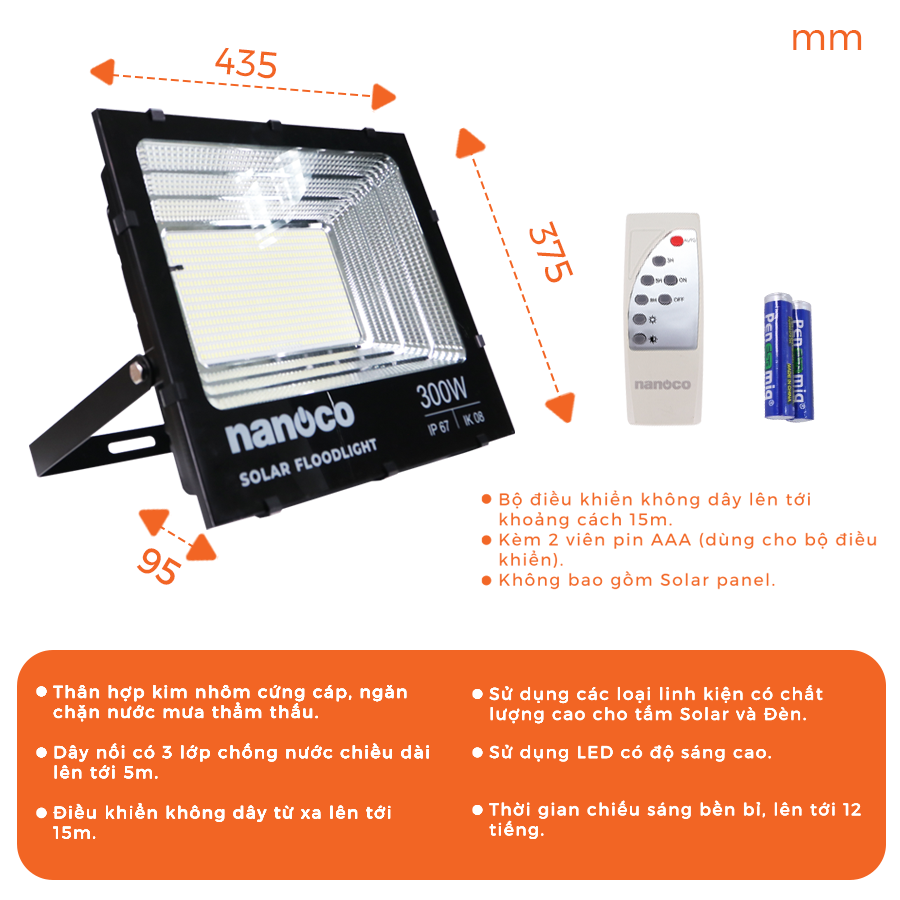  Đèn Pha LED Solar Nanoco - IP67 