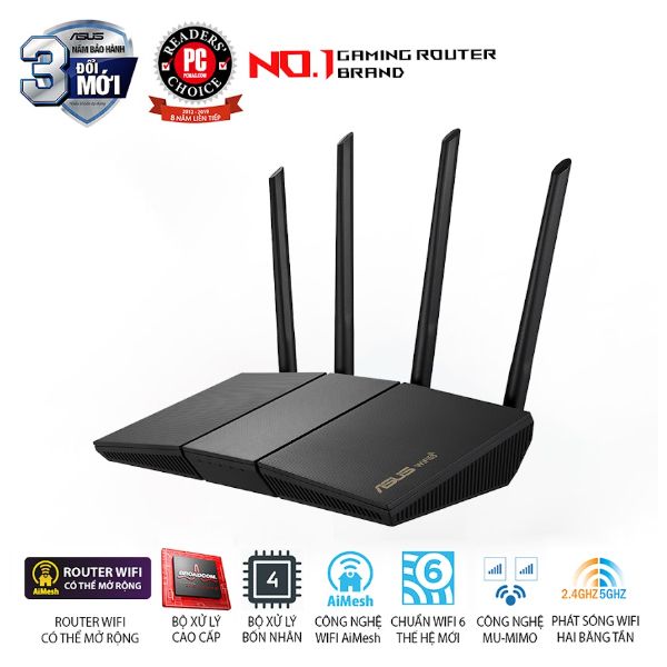 Bộ phát wifi 6 Asus RT-AX57 (Chuẩn AX/ AX3000Mbps/ 4 Ăng-ten ngoài/ Wifi Mesh/ 45User)