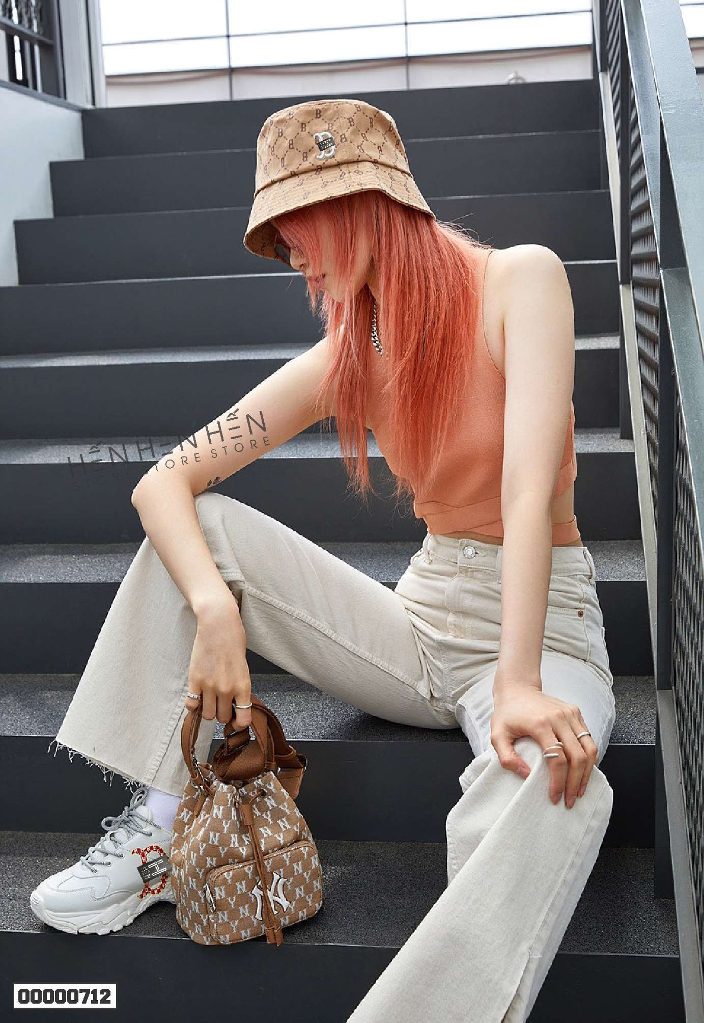 Nón bucket mono MLB nâu chữ B - 00000712