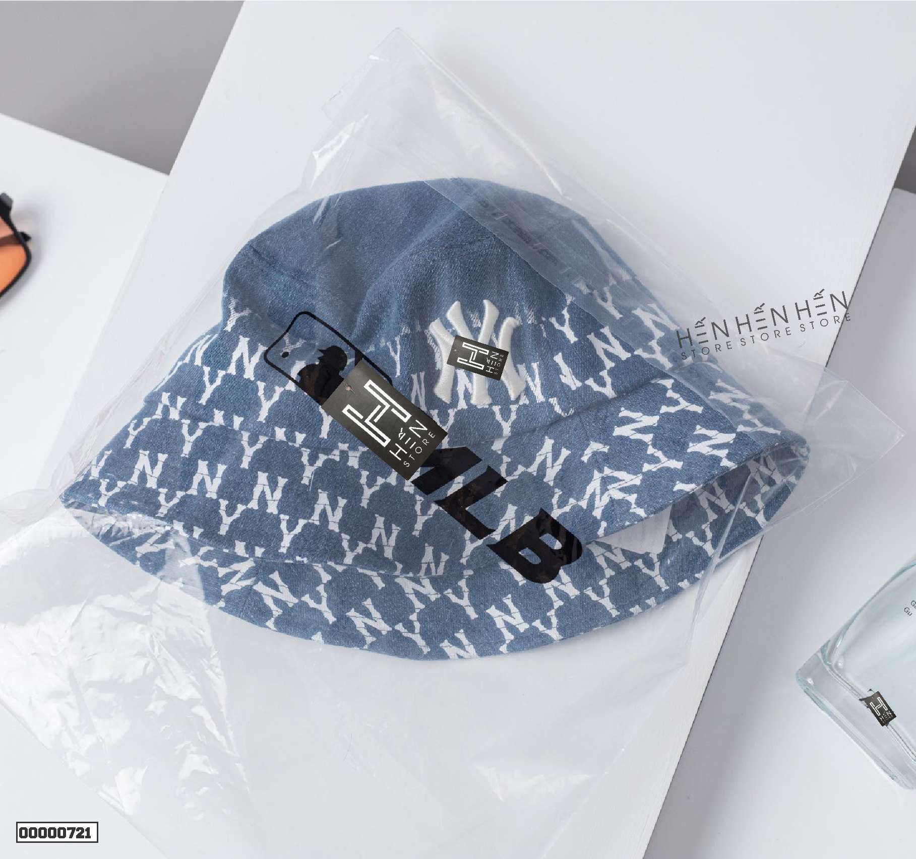 Nón bucket jean xanh MLB in monogram - 00000721