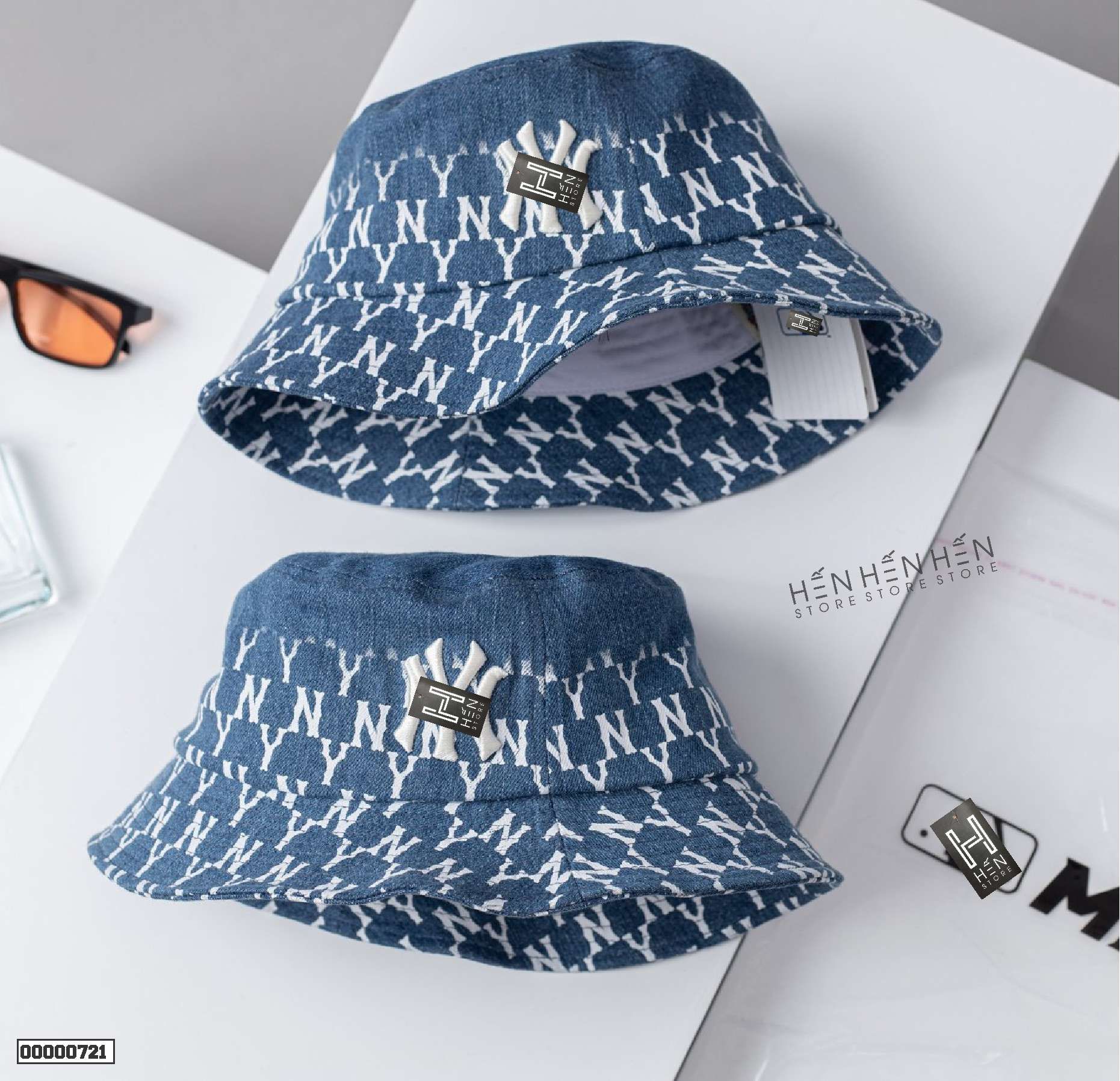 Nón bucket jean xanh MLB in monogram - 00000721