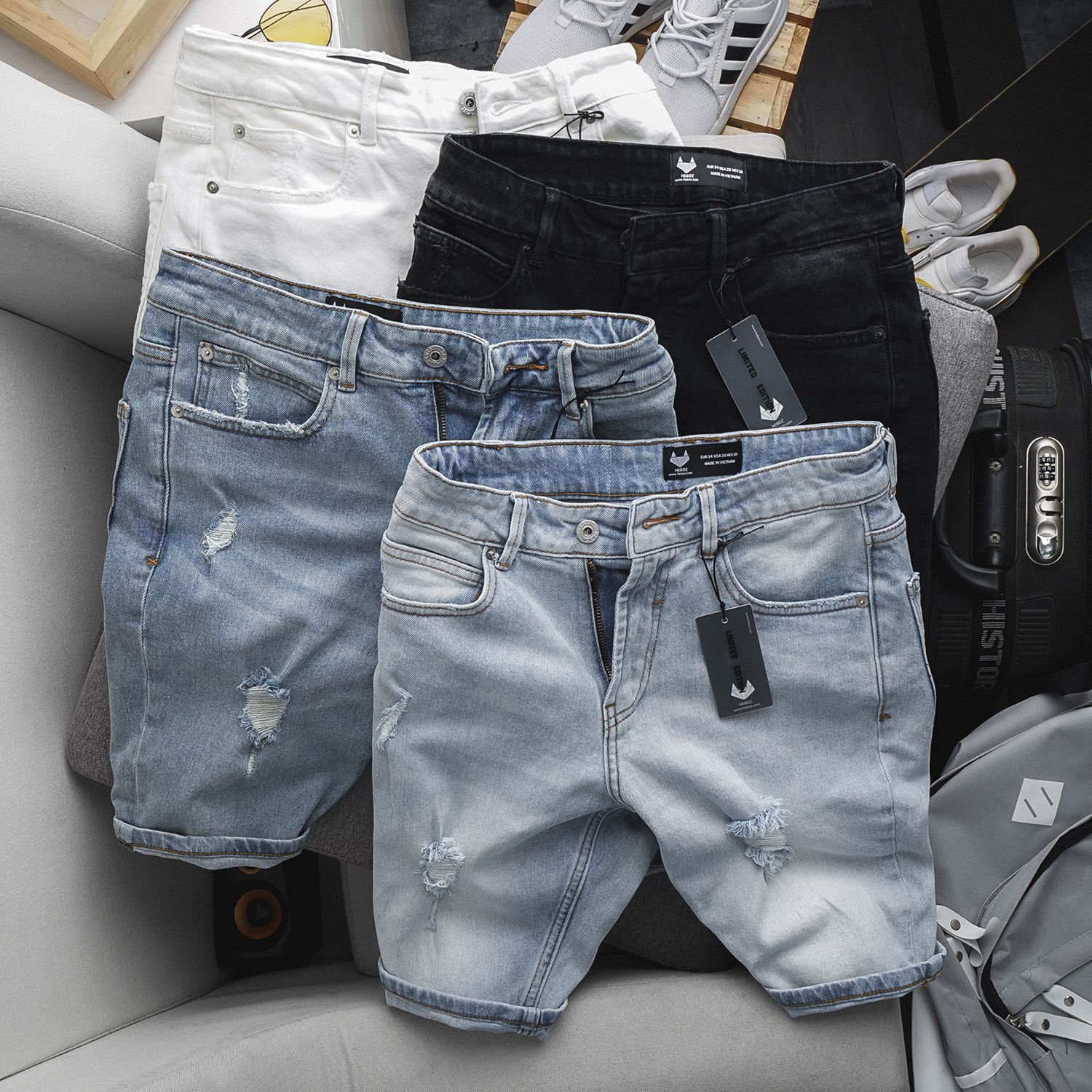 Quần short jean Heboz 4M rách
