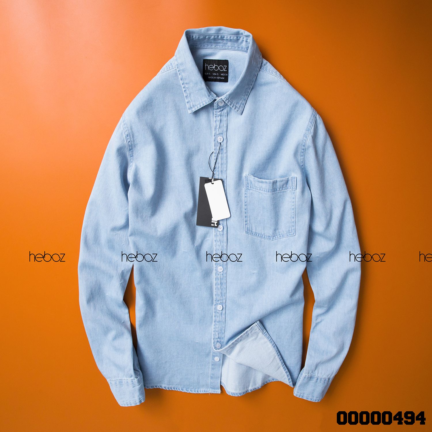 Áo denim HEBOZ 1 túi cổ bẻ 6M