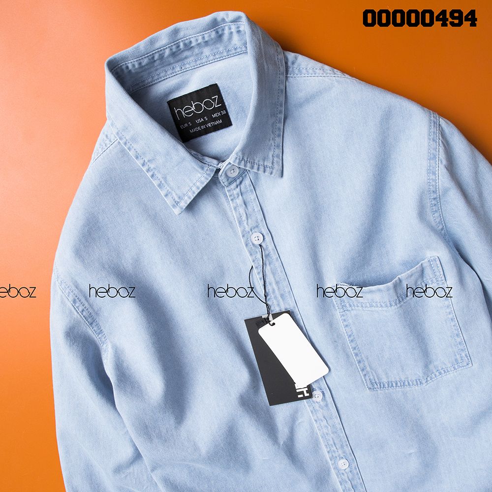 Áo denim HEBOZ 1 túi cổ bẻ 6M