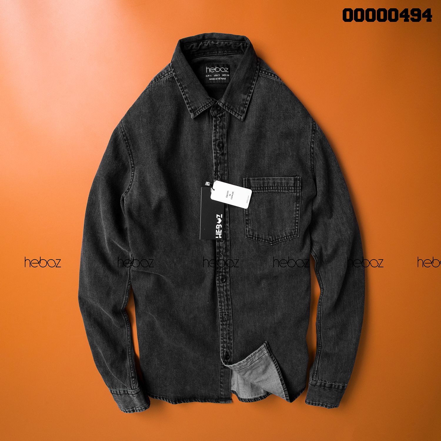 Áo denim HEBOZ 1 túi cổ bẻ 6M