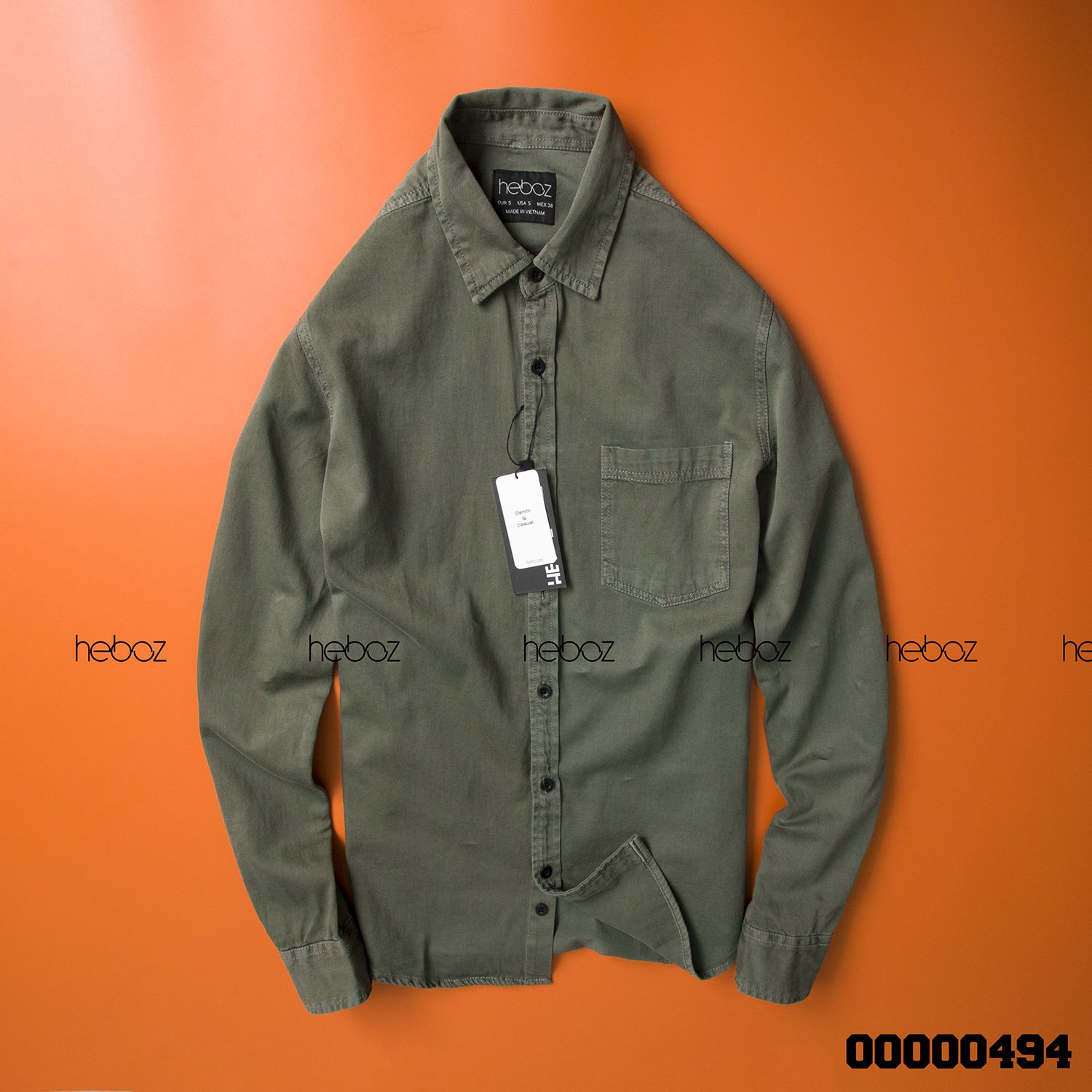 Áo denim HEBOZ 1 túi cổ bẻ 6M