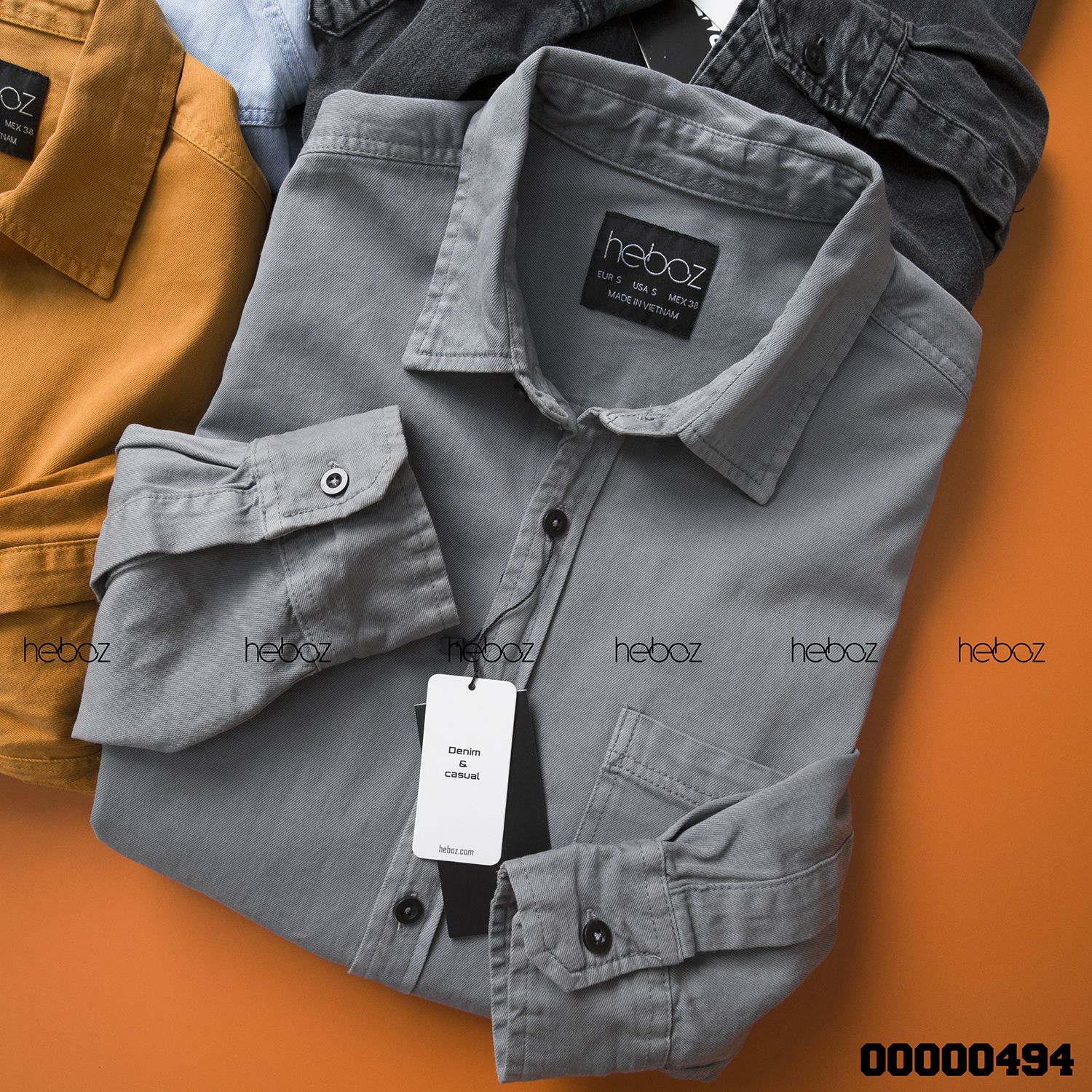 Áo denim HEBOZ 1 túi cổ bẻ 6M