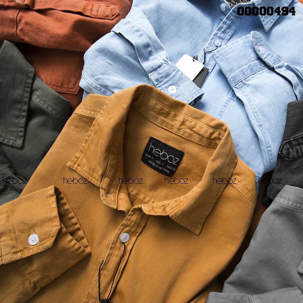 Áo denim HEBOZ 1 túi cổ bẻ 6M
