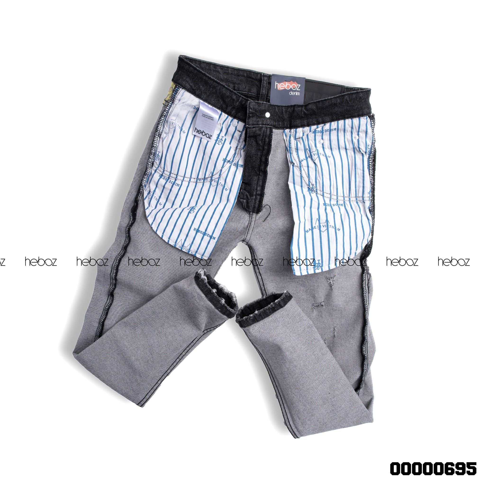 Quần jean Heboz xám rách 1 gối 04 co giãn tốt và đẹp - 00000695