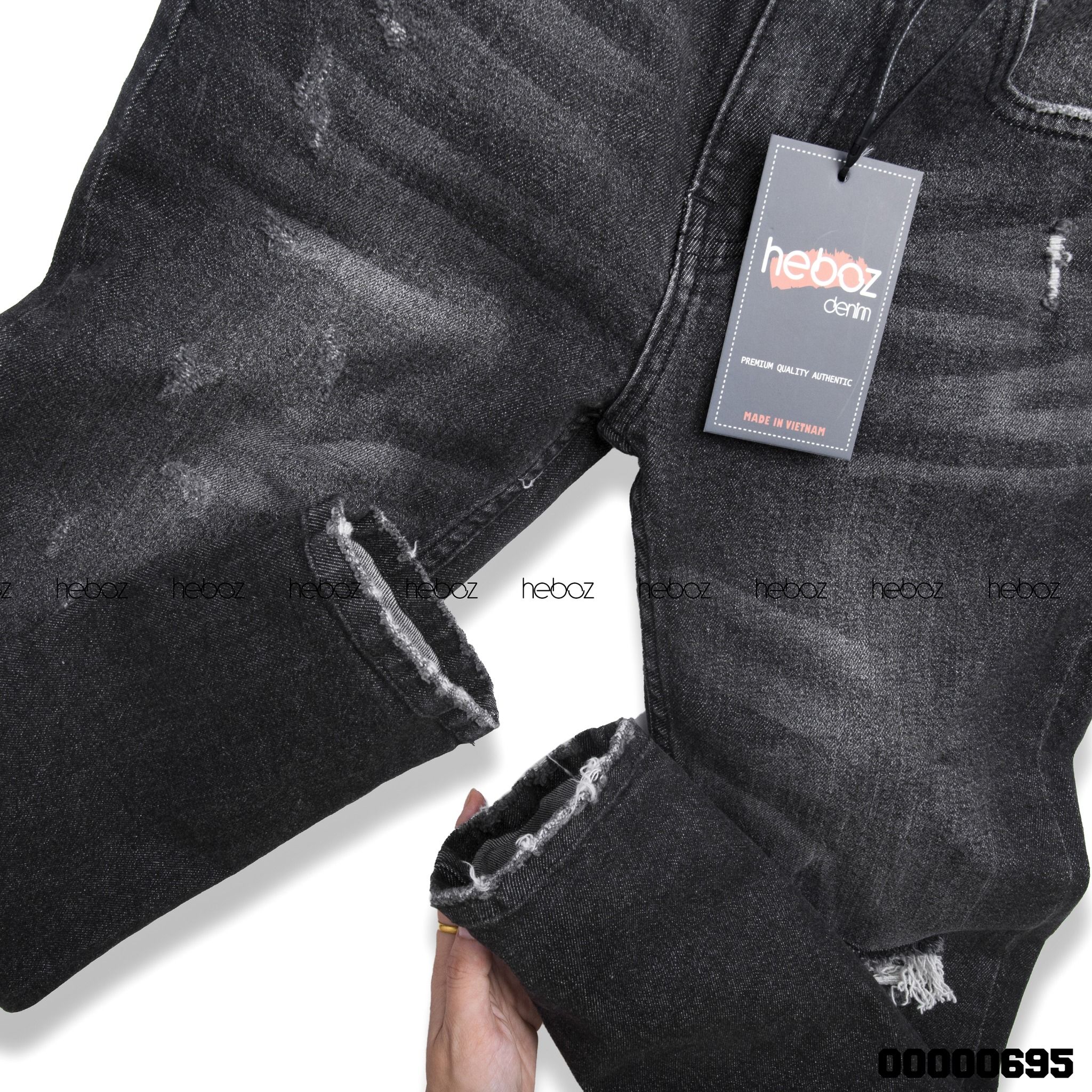 Quần jean Heboz xám rách 1 gối 04 co giãn tốt và đẹp - 00000695