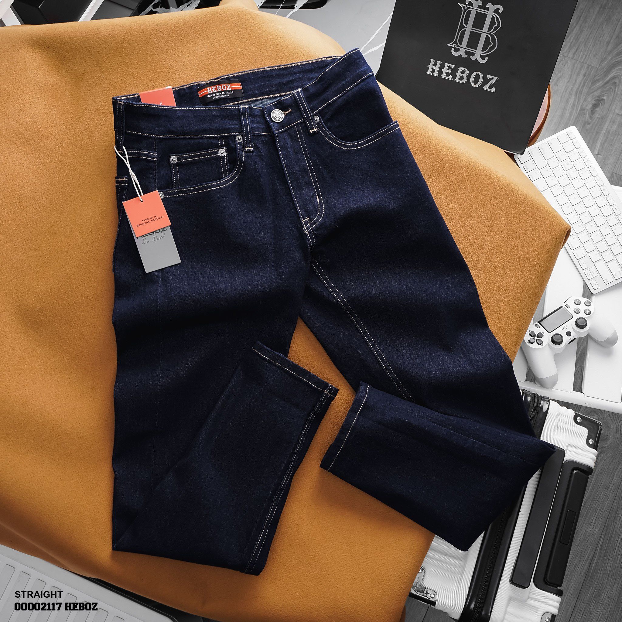  Quần jean straight indigo xanh line Heboz - 00002117 