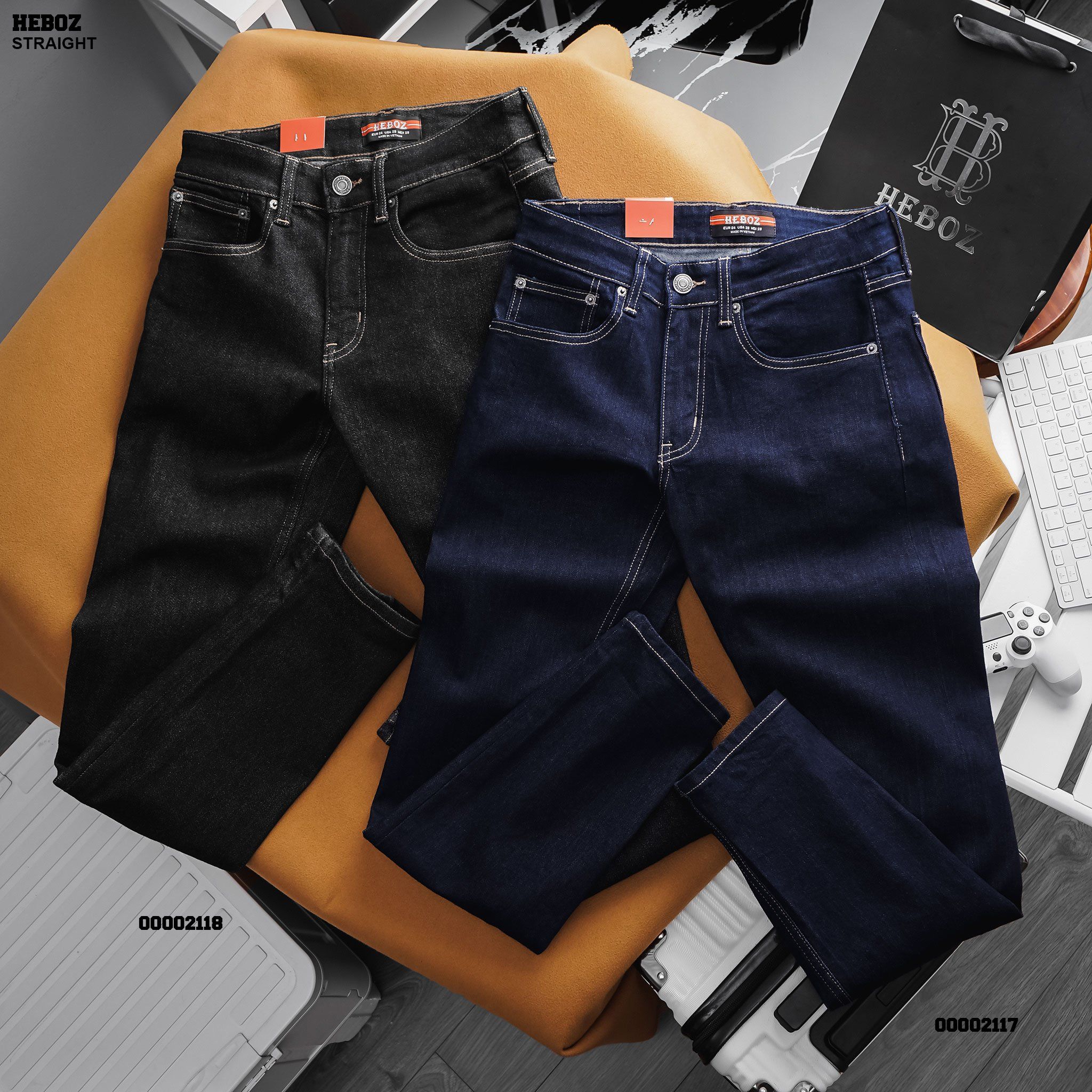 Quần jean nam Heboz dáng straight indigo xanh line - 00002117