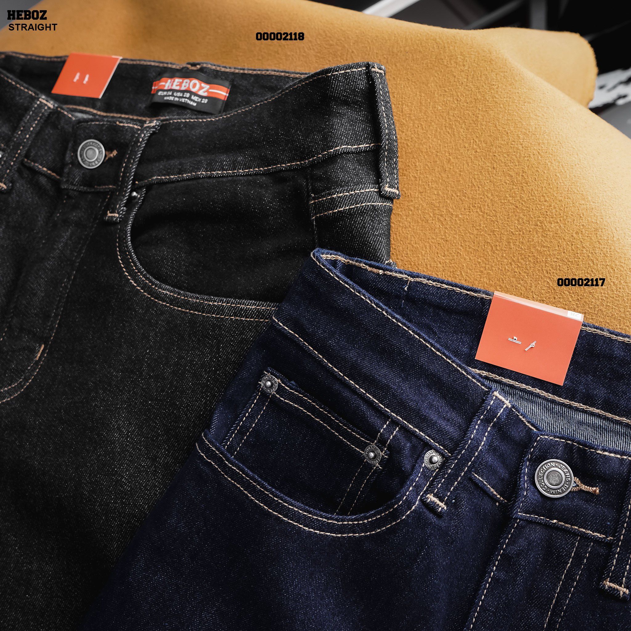 Quần jean nam Heboz dáng straight indigo xanh line - 00002117