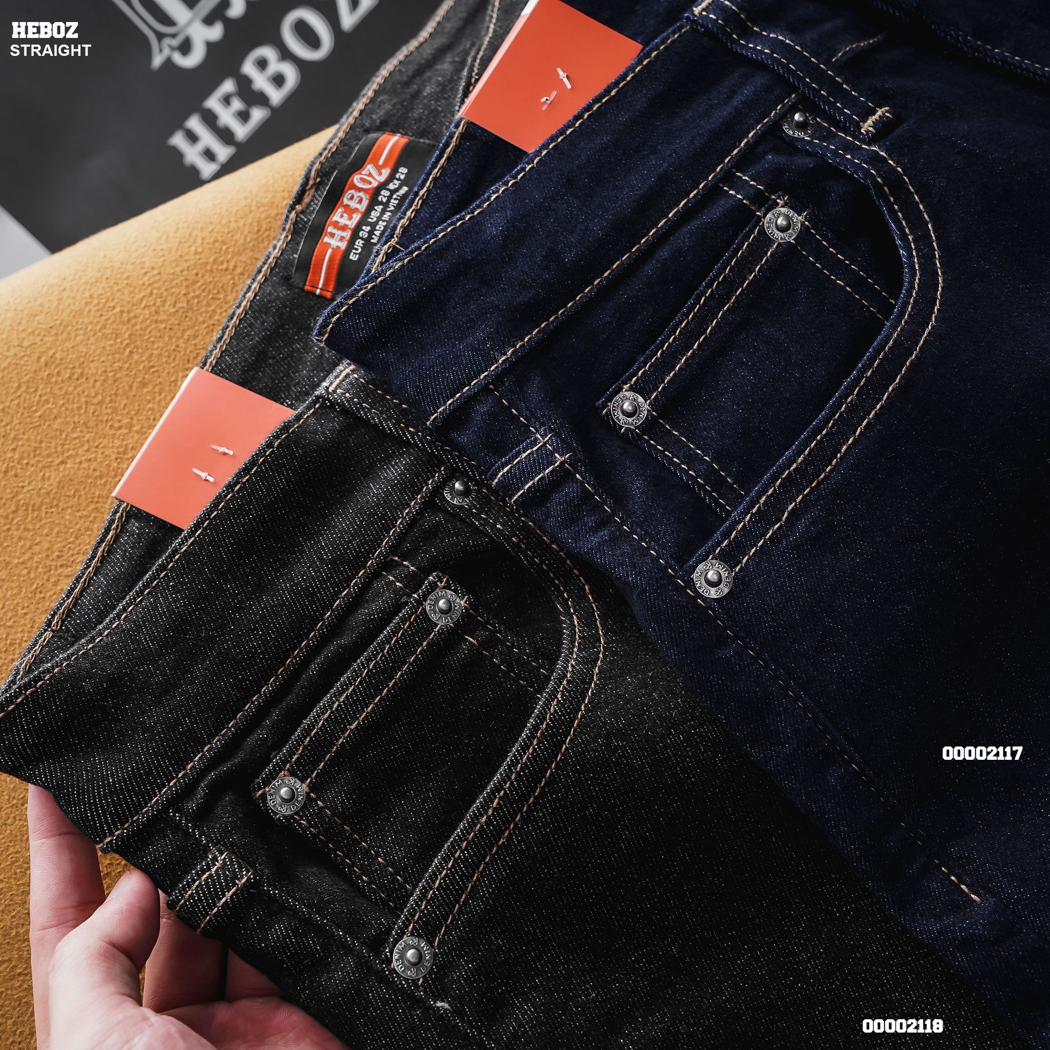 Quần jean nam Heboz dáng straight indigo xanh line - 00002117