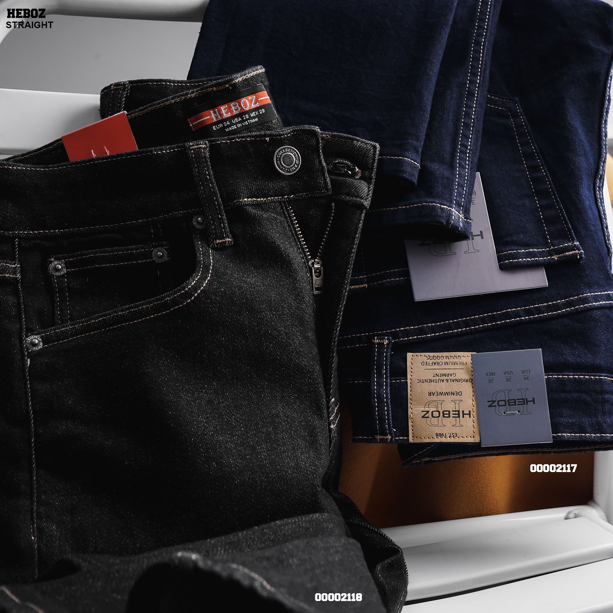 Quần jean nam Heboz dáng straight indigo xanh line - 00002117
