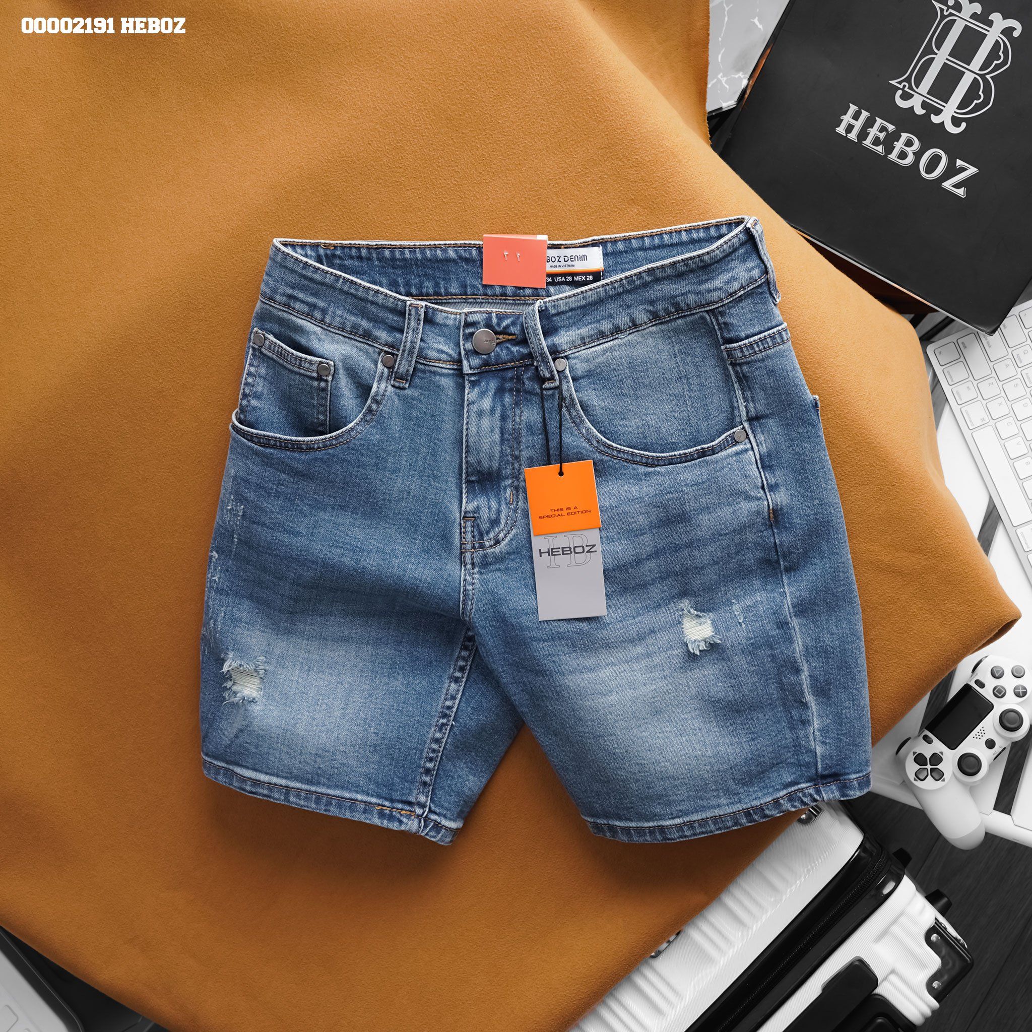 Quần short jean nam Heboz rách co giản 044 - 00002191