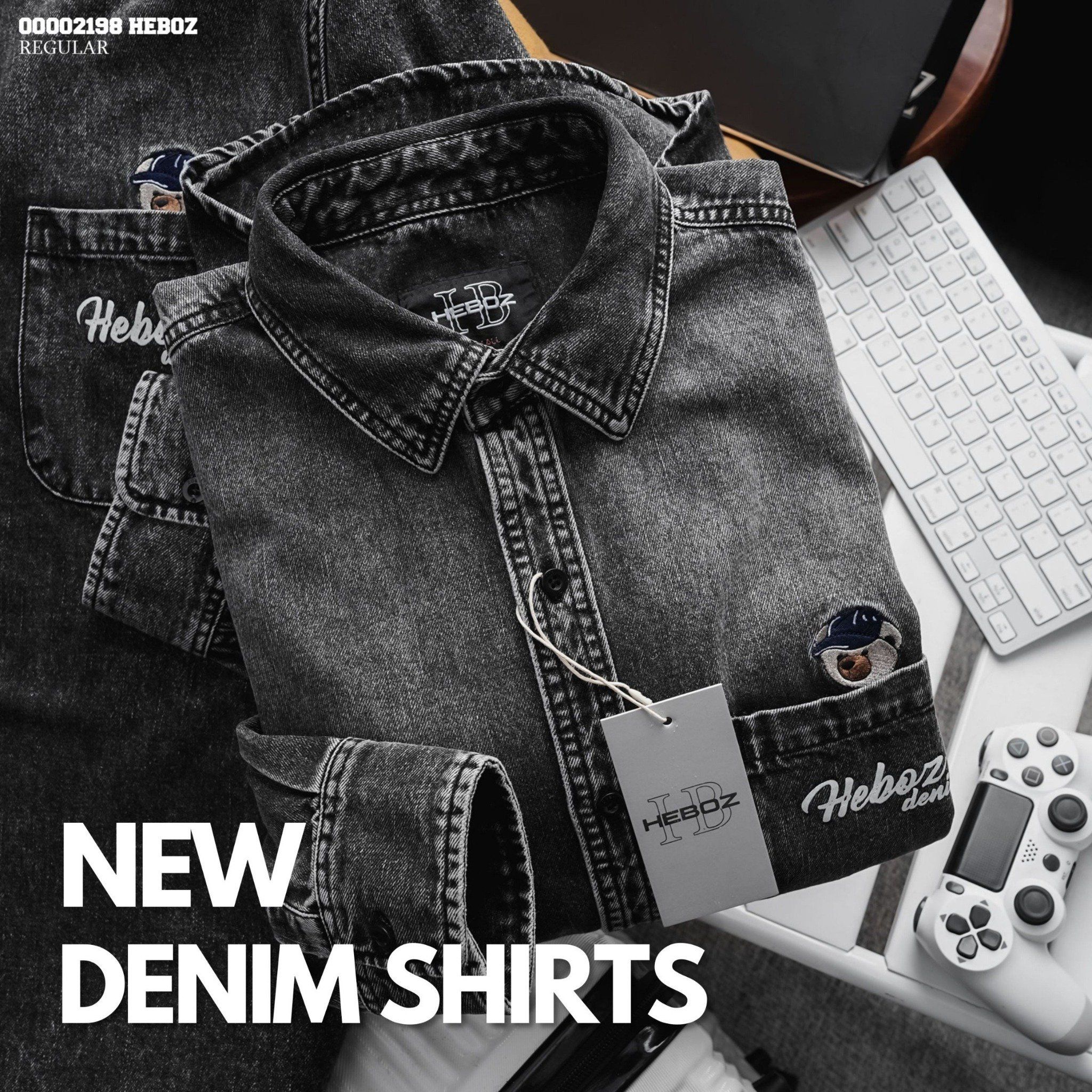 Áo sơ mi nam Heboz vải denim thêu gấu 01 - 00002198