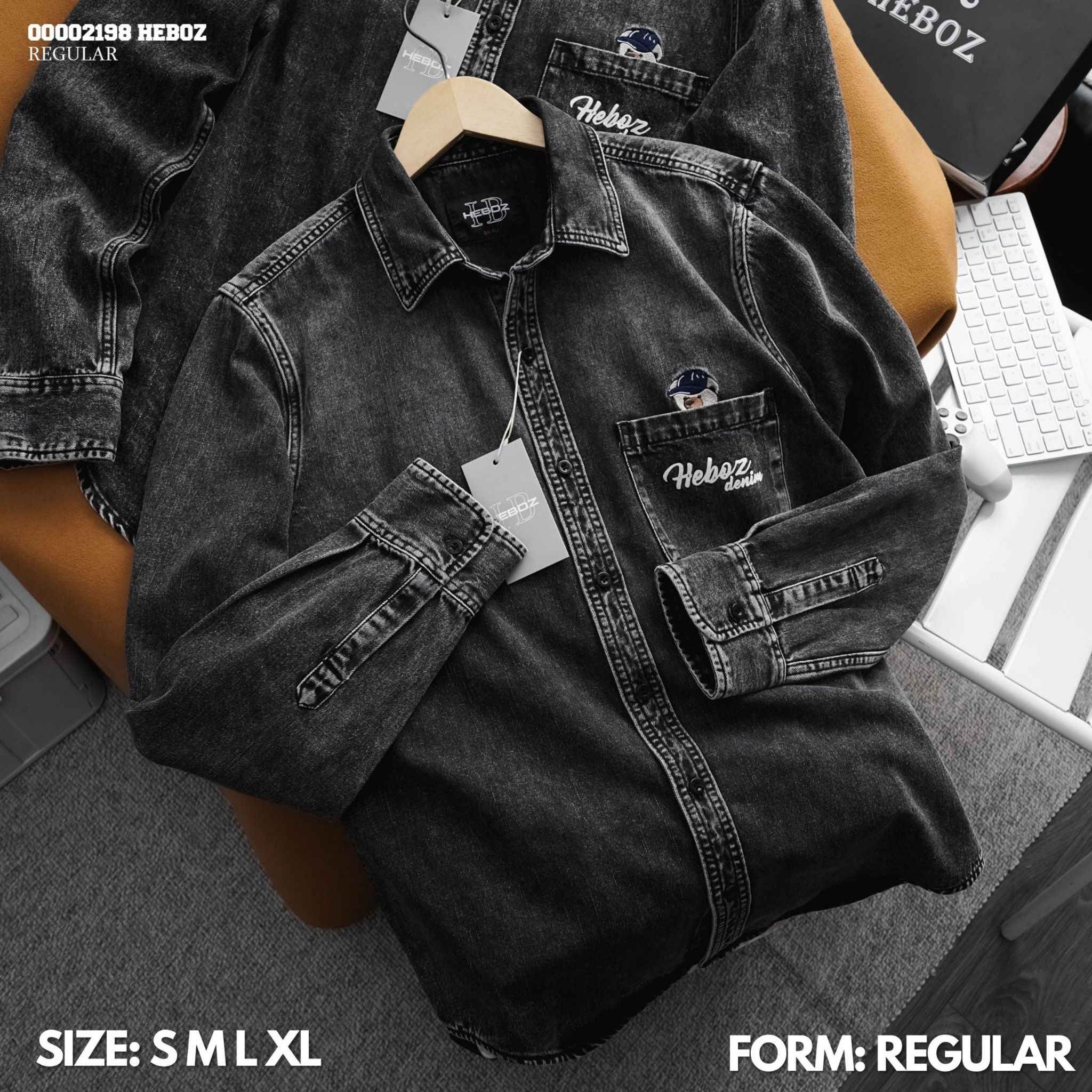 Áo sơ mi nam Heboz vải denim thêu gấu 01 - 00002198
