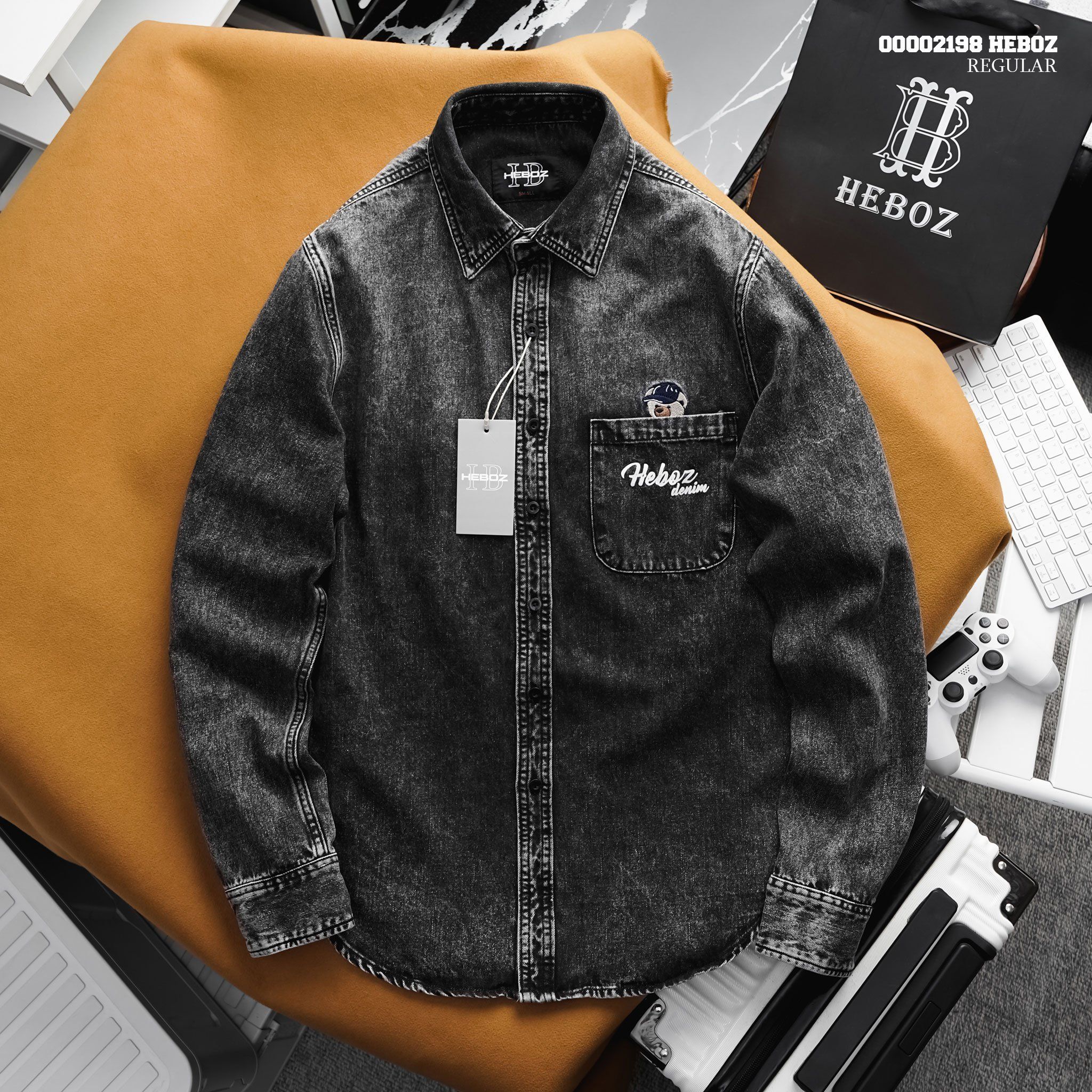 Áo sơ mi nam Heboz vải denim thêu gấu 01 - 00002198