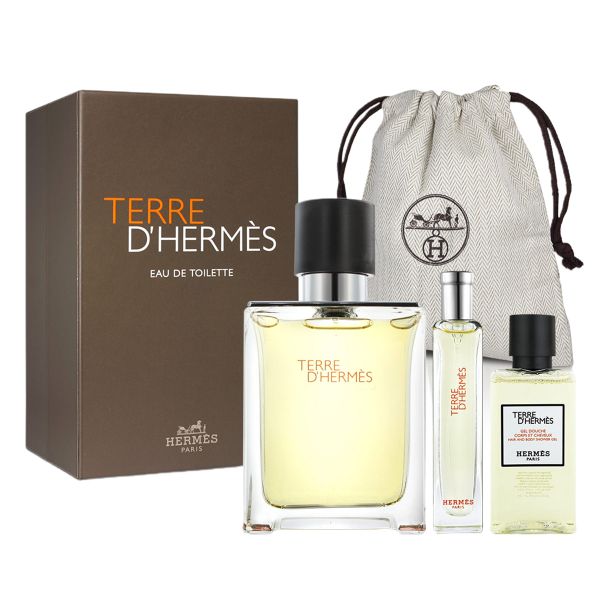  Gift Set Hermes Terre d'Hermes 4pcs ( EDT 100ml & EDT 15ml & Hair, Body Shower Gel 40ml & Canvas Pouch ) 