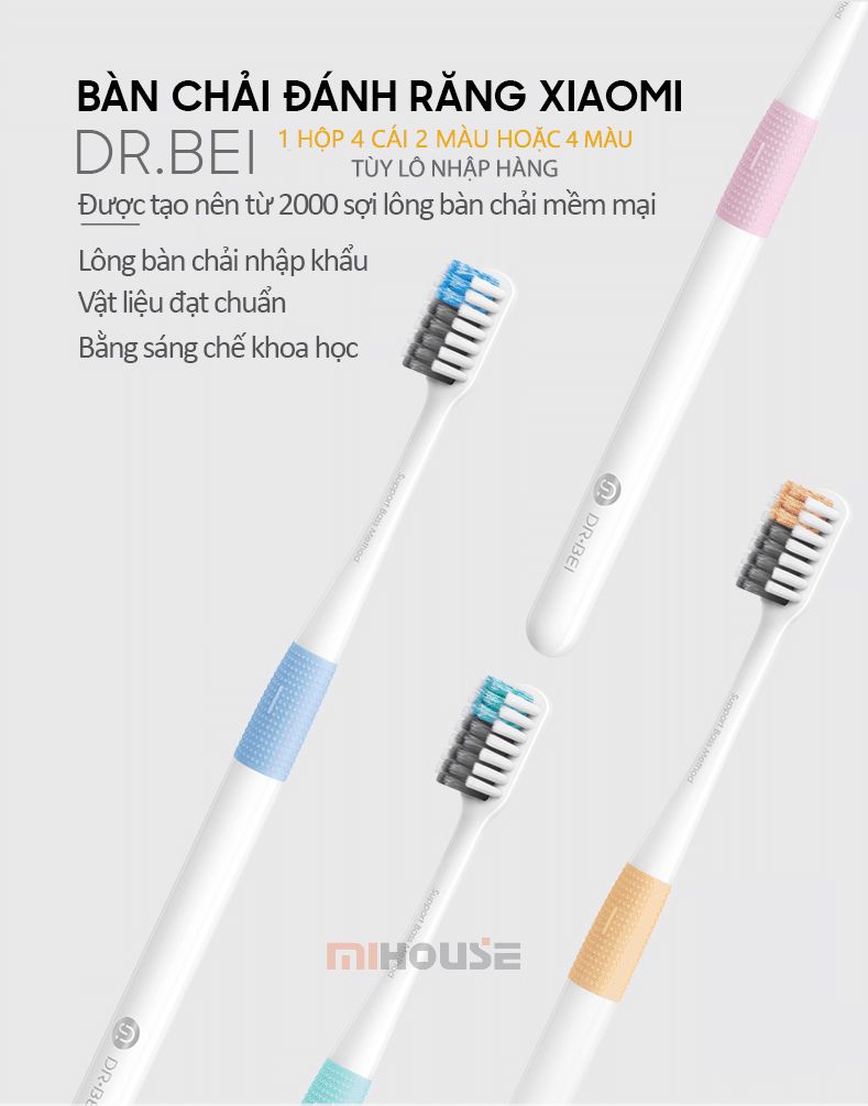 Bàn chải đánh răng Dr. Bei (Combo 4 cái, 4 màu/bộ) / Mi Doctor-B Toothbrush Green/Orange/Blue/Pink 4Pcs