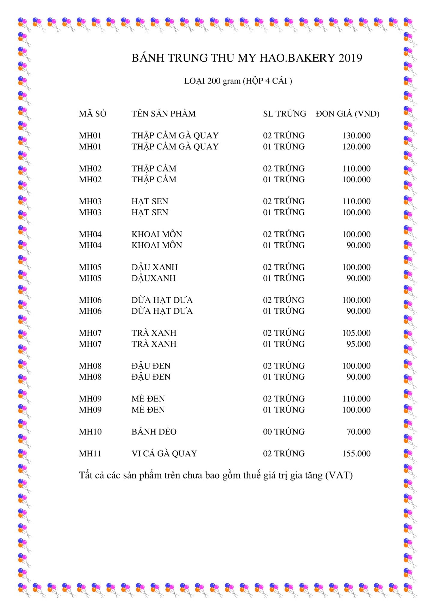 BÁO GIÁ BÁNH TRUNG THU 2019