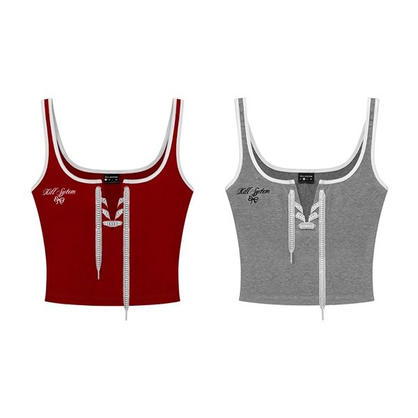 Áo thun ba lỗ Machiot Basic khoét cổ form ôm cột nơ viền ren