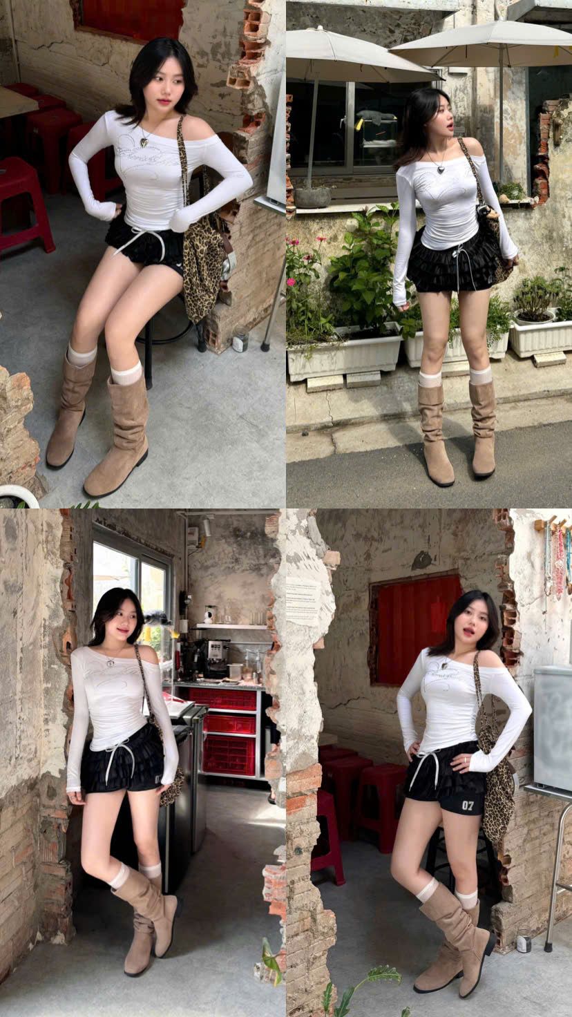 Áo thun trễ vai tay dài Cherist Me đính đá họa tiết