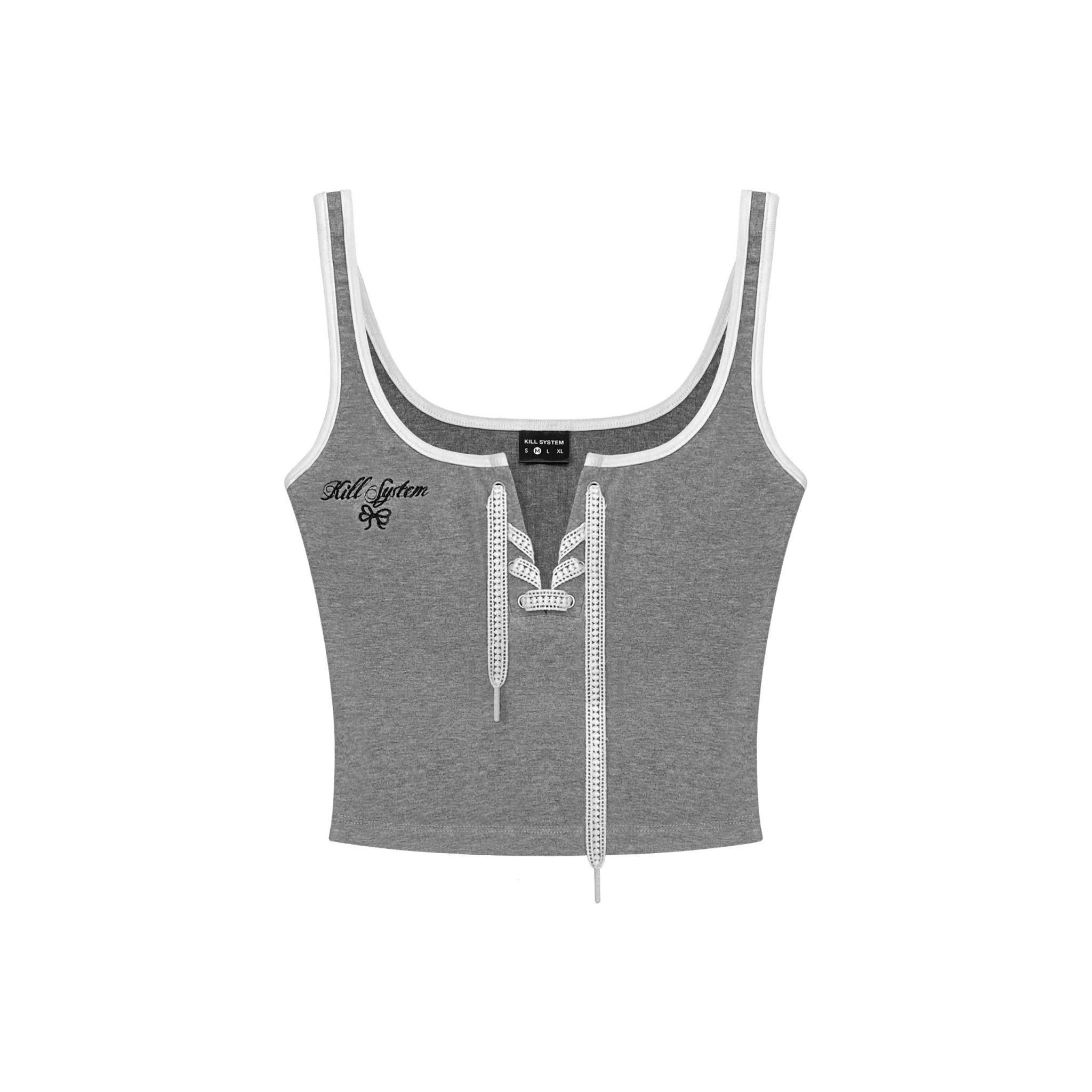 Áo thun ba lỗ Machiot Basic khoét cổ form ôm cột nơ viền ren